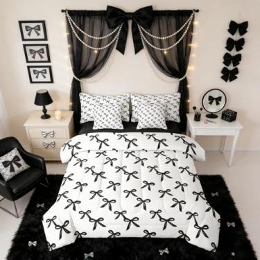 Imagem de Erosebridal Conjunto de edredom com nó de laço preto para crianças, meninas, cama de princesa em uma bolsa, tamanho casal, 7 peças, conjunto de cama com laço, decoração de quarto e fantasia