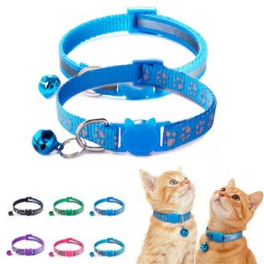 Imagem de Pacote com 2 coleiras para gatos com sino, coleira reflexiva para gatinho, fivela de segurança, coleira de gatinho, para meninos, gatos, azul celeste