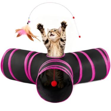 Imagem de Love's cabin Túneis para gatos em ambientes internos, brinquedos dobráveis de 3 vias, túnel de brincar para animais de estimação com orifício de espiada, bola de brinquedo para gatinho, coelho, preto