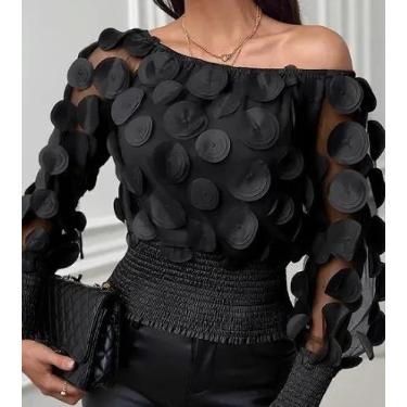 Imagem de Blusa Elegante Feminina De Manga Longa Com Aplique Ombro Assimétrico R