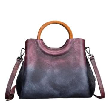 Imagem de Transversal Bolsa transversal feminina de couro curtido vegetal – Bolsa portátil com bloco colorido retrô, estilo vintage(Purple)