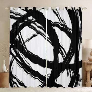 Imagem de Cortinas Abstarct pretas e brancas para mulheres adultas e homens, cortinas geométricas listradas geométricas para minimalistas, tratamentos de janela com linhas estéticas de graffiti, decoração de