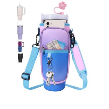 Imagem de Suporte para garrafa de água de neoprene com bolso para telefone e mosquetão - alça ajustável para copos Stanley de 30/1,134 g, acessórios para copo com zíper duplo, roxo gradiente