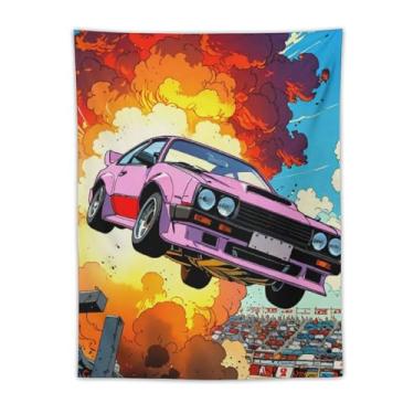 Imagem de HouLaiZhe JDM Tapeçaria de carro retrô carros esportivos pulando sobre frescor explosiva pendurar na parede quarto decoração de casa tapeçarias estética piquenique decoração de parede arte de parede