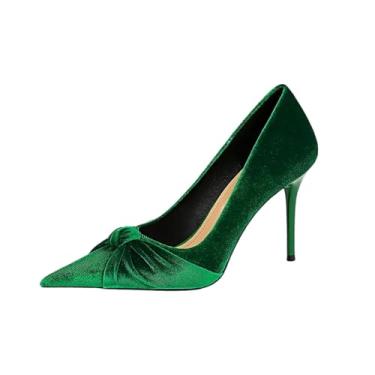 Imagem de Sapato feminino de salto fino, boca rasa, bico fino, camurça, gravata borboleta, Verde, 38