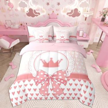 Imagem de Feelyou Conjunto de edredom com laço rosa com 7 peças, solteiro, para crianças, meninos, meninas, estampa kawaii, coração, microfibra leve e macia