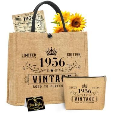 Imagem de Presentes de aniversário de 70 anos para mulheres, conjunto de presentes de aniversário de 1956 para mulheres, presente exclusivo feliz 70 anos para mãe, esposa, vintage, bolsa de palha 1956, bolsa