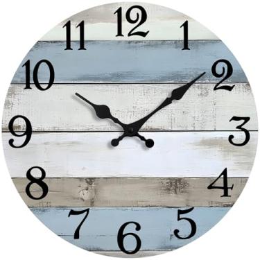 Imagem de JoFomp Relógios de parede de 35 cm operados por bateria, relógio de parede silencioso sem tique-taque de madeira, relógios de parede rústicos com design de país costeiro para decoração de sala de