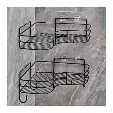Imagem de Organizador de chuveiro, 2 prateleiras de armazenamento de artigos de higiene de metal, prateleiras duplas de armazenamento de metal montadas na parede com ganchos, sem perfuração, prateleiras de