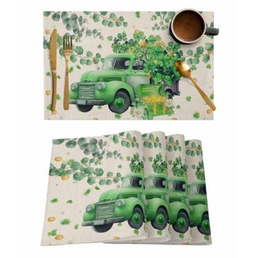 Imagem de Jogo americano para o dia de São Patrício, conjunto de 6, tapetes de mesa de linho de algodão trevo verde antiderrapante moedas douradas primavera irlandesa retrô verde trevo caminhão folhas de