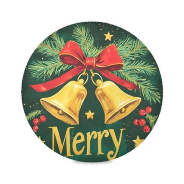 Imagem de STAYTOP Jogo americano redondo Merry Christmas Sinos dourados 6 peças, tapetes de mesa antiderrapantes fáceis de limpar para casa, cozinha, churrasco, festa, decoração de mesa