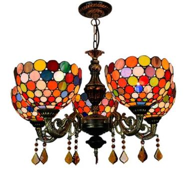 Imagem de Lustre Tiffany de cristal com 5 lâmpadas e 20 cm de diâmetro, luminária de teto com vitrais e discos coloridos em estilo vintage, ideal para sala de jantar, sala de estar, quarto, corredor o