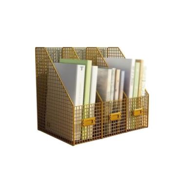 Imagem de Escritório Porta-pasta de revistas mesa com 3 compartimentos verticais para escritório, casa e escola Organizador de mesa(Gold)