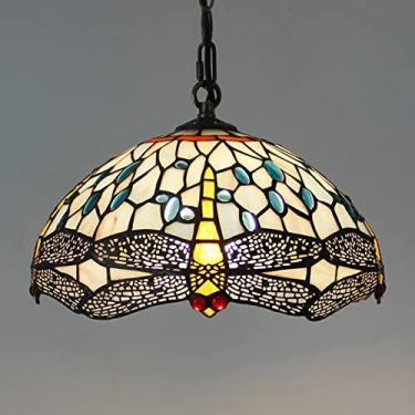 Imagem de Lustre estilo Tiffany de 30 cm, luminária pendente vintage feita à mão em vitral, altura ajustável, lâmpada de teto LED E27 para decoração de sala de estar, quarto e sala de jantar (1 lâmpad