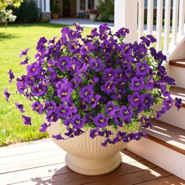 Imagem de INQCMY Flores artificiais de petúnias falsas para decoração de primavera ao ar livre, 12 pacotes de plantas de flores falsas resistentes a UV, roxo, flor de seda realista para plantadores externos