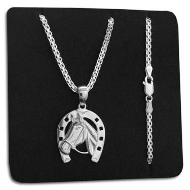 Imagem de Corrente Esteira Bismarck 45cm e Pingente Cavalo Ferradura Prata 925 L