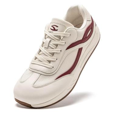 Imagem de HOBIBEAR Tênis feminino de bico largo, sem queda, confortável para caminhada ao ar livre, Bege/vermelho, 39 BR G