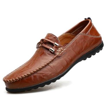 Imagem de WELRUNG Sapato masculino casual de couro legítimo sem cadarço macio para dirigir e caminhar, Marrom escuro, 45