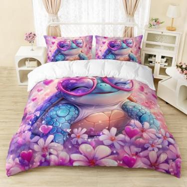 Imagem de AILONEN Conjunto de capa de edredom King Size com desenho animado de tartarugas marinhas - Conjunto de cama infantil com estampa de coração floral rosa - capa de edredom adorável de tartaruga oceânica