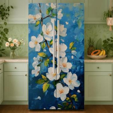 Imagem de GOMAKERER 2 peças de envoltórios de geladeira removíveis com padrão floral branco, autoadesivo, para porta de geladeira, mural de vinil, freezers, para decoração de bar, 40 x 192 cm