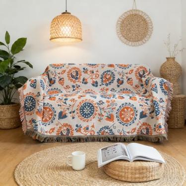 Imagem de Lifevc Capa de sofá floral universal de algodão, lavável na máquina, 1 capa de sofá durável, protetor de móveis laranja azul para 2 sofás, 180 x 299 cm