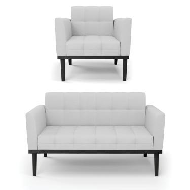 Imagem de Sofá Namoradeira e Poltrona Base de Madeira Preto Elisa Linho Cinza A05 D03 - D'Rossi