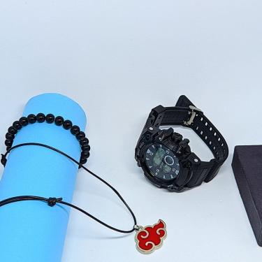 Imagem de Kit Relógio Infantil Militar Esportivo Digital 12/24h Cronômetro Alarme LED + Conjunto Colar ajustável Naruto + Pulseira