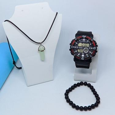 Imagem de Kit Relógio Infantil Militar Digital LED Cronômetro Calendário Esportivo + Colar cordão Pedras pendulo + Pulseira