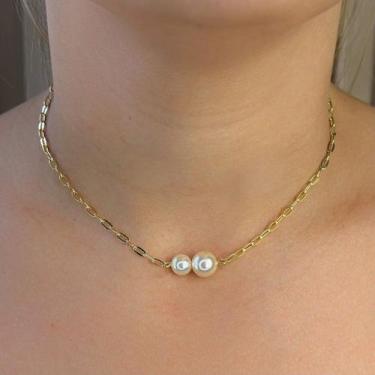 Imagem de Colar Choker Elos com Pérola Dupla Banhado em Ouro 18k - Anastásia Joi