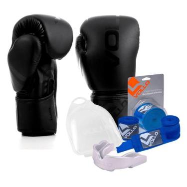Imagem de Kit Boxe Muay Thai Luva 10Oz Preto + Protetor Bucal + Bandagem Azul - 