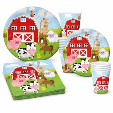 Imagem de Serve 30 | Pacote completo de festa | Artigos de festa para animais de celeiro divertidos da Farm House | Pratos de papel de jantar de 22,86 cm | Pratos de papel de sobremesa de 17,78 cm | Copos de 255 ml | 3 guardanapos de película | Artigos de festa temáticos para celeiro de fazenda de animais
