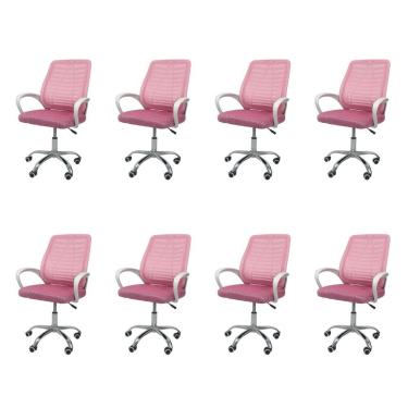 Imagem de Kit 8 Cadeiras De Escritório Esteirinha Mesh Ergonômica Giratória Rosa