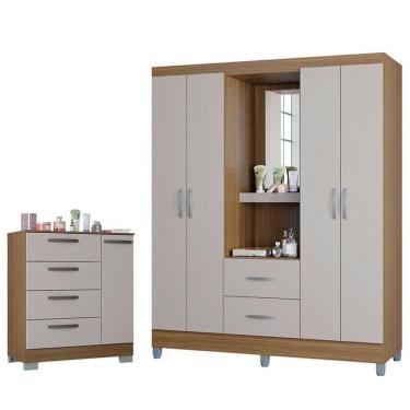 Imagem de Cômoda 868 4 Gavetas E 1 Porta Com Guarda Roupa Solteiro Córdoba 4 Portas Castanho Off White - Poquema