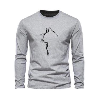 Imagem de Camiseta Masculina De Algodão Com Estampa De Gato, Manga Longa, Gola R