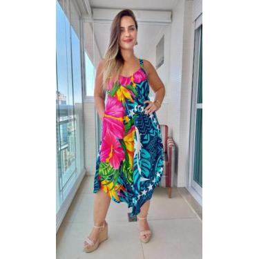 Imagem de Vestido Feminino Indiano Alça c/ Regulagem e Bolsos Trapézio Plus Size