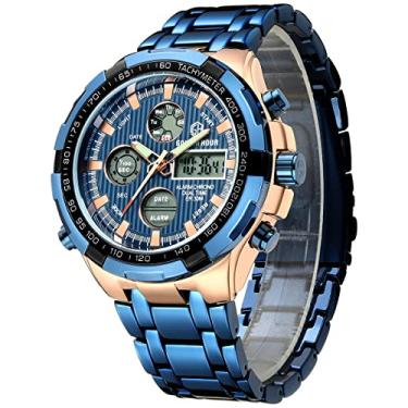 Imagem de Relógio digital analógico de aço inoxidável de luxo Gold Hour masculino esportivo à prova d'água grande e pesado, rose gold blue