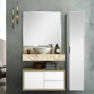 Imagem de Conjunto de Banheiro Pró 80cm com Espelho, Gabinete, Bancada, Armário Vertical e Cuba de Apoio Bumi Travertino