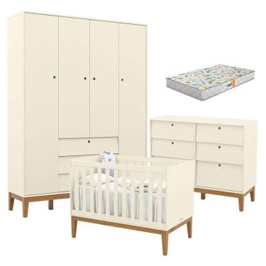 Imagem de Quarto de Bebe Unique 4 Portas com Cômoda 6 Gavetas Off White Eco Wood e Colchão Gazin - Matic