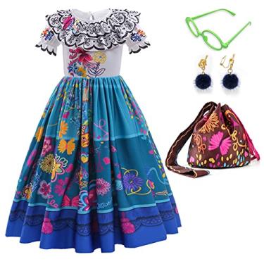 Imagem de CCJRLM Encanto vestido Mirabel encanto, fantasia de Isabella encanto para meninas cosplay vestido com brincos de óculos, Azul, 4-5 Anos