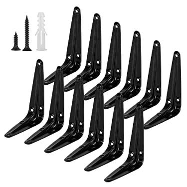 Imagem de Pacote com 12 suportes de prateleira 10 x 7 cm preto resistente metal suporte de prateleira flutuante, suporte em L de ferro decorativo rústico para casa de fazenda suportes J suporte de canto de anjo de parede para prateleiras de madeira