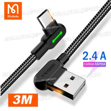 Imagem de Cabo Usb A para Usb C Com Led Turbo 90º 2.4A - 3 metros