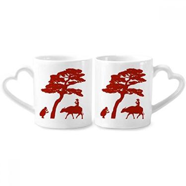 Imagem de Conjunto de canecas de porcelana para casais, contorno de árvore de vaca da China, xícara de cerâmica para amantes, alça de coração