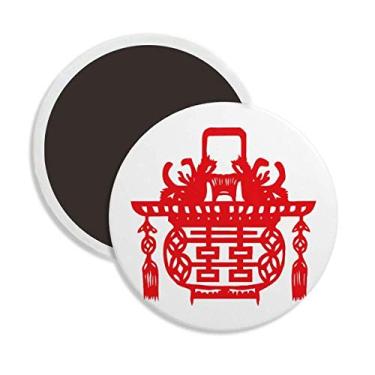 Imagem de Lanterna vermelha chinesa com padrão de lótus de cerâmica redonda ímã de geladeira decoração de lembrança