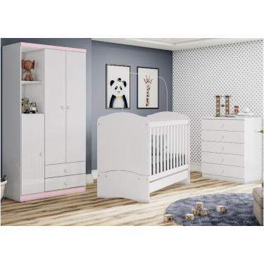 Imagem de Quarto Infantil Berço Mini Cama, Guarda Roupa e Cômoda Bala de Menta Henn - Branco