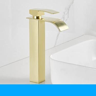 Imagem de Torneira para lavatório em cascata preta fosca Torneira de lavatório de alça única Misturador de água quente e fria para lavatório de banheiro Torneira misturadora, alta, escova dourada