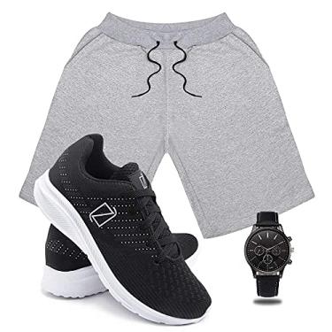 Imagem de Conjunto Bermuda Moletom Masculina + Tenis Masculino Academia Ultra Conforto + Relógio Ponteiro - Cinza-PretoBranco/M-38