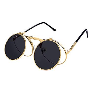Imagem de Óculos de sol retrô redondo anos 80 Flip Up Steampunk espelhado vintage círculo óculos de sol óculos para homens e mulheres, Gold Frame Grey Lens, Suitable for all face types