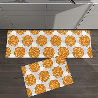 Imagem de Conjunto de 2 tapetes de cozinha abstrata flor de hortênsia padrão geométrico cinza laranja para tapetes acolchoados de chão e tapetes antiderrapante absorvente corredor confortável tapete de pé