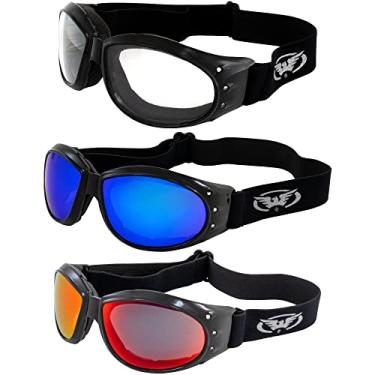 Imagem de 3 pares de óculos acolchoados Global Vision Eliminator para motocicleta, armação preta, lentes espelhadas G-Tech vermelhas e azuis