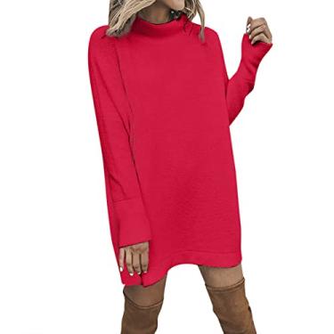 Imagem de Metaxas Vestido casual de tricô confortável de outono e inverno manga longa gola redonda vestido suéter pesado, Vermelho, P